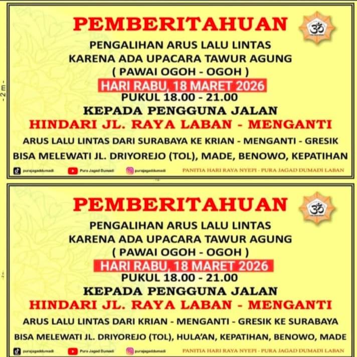 Pengalihan Arus Lalu Lintas di Laban Menganti Gresik Imbas Pawai Ogoh-Ogoh Nyepi 2026