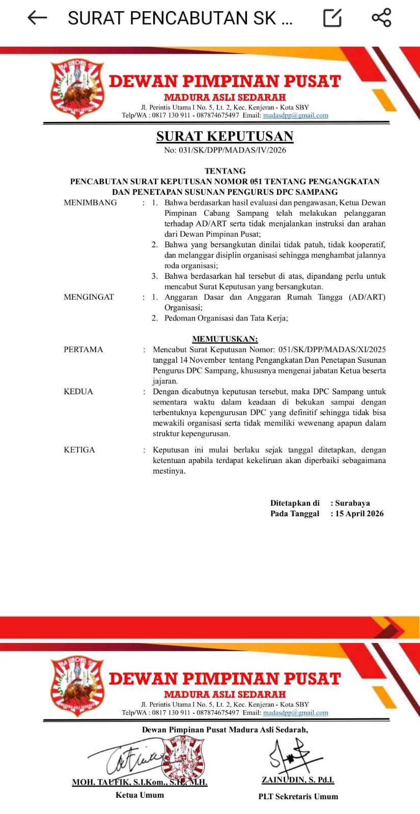 Gejolak Internal MADAS: SK Pengurus Sampang Dicabut, Organisasi Dibekukan